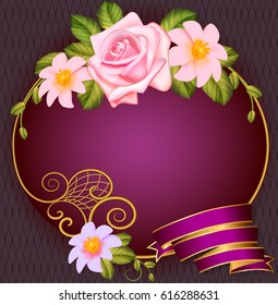 Illustration postcard background round frame with roses and flowers