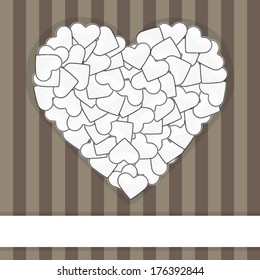 Illustration of Postcard big heart made of small white hearts on a stripped background