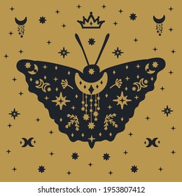 Illustration of a postcard with butterflies. A poster with a moth character on a gold background with the moon and stars. The scrawl depicted winged, mystical, dark-colored butterflies floating in the