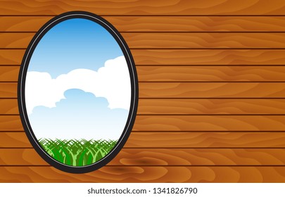 Illustration of postcard design with green sprig on wooden background