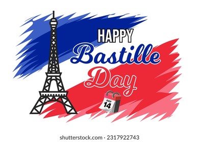 Ilustración de un diseño de postal sobre el tema de la fiesta del Día de la Bastilla con la imagen de la torre del eiffel sobre el fondo de la bandera francesa.