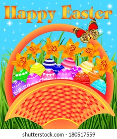 illustration of a postcard with Easter eggs in the basket on the meadow