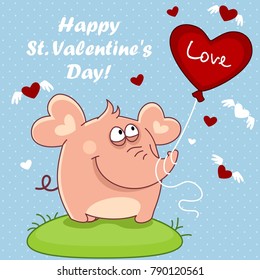 Illustration postcard with an elephant with a red balloon in the shape of a heart. An elephant on a blue background with polka dots. Greeting illustration for design.