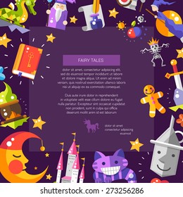 Illustration of postcard with fairy tales flat design magic vector  icons and elements