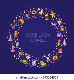 Illustration of postcard with fairy tales flat design magic vector  icons and elements