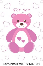 Illustration of a postcard for February 14, Valentine's Day with a cute teddy bear with hearts in pink