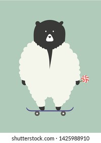 Illustration, postcard, half bear covered in ship fur on a skateboard with lollypop. 