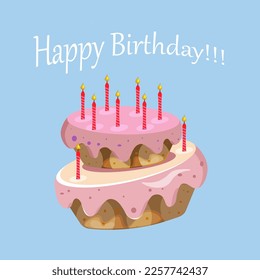 Illustration of a postcard happy birthday cake with syechami. Festive card, congratulation, pnchat.
