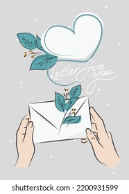 Illustration, postcard made in the sketching technique. Letter in hands with flowers from a loved one