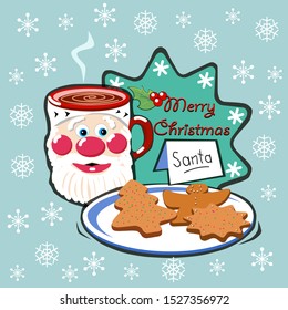 Illustration postcard merry christmas with mug of hot chocolate, cookies and snowflakes in scandinavian style.