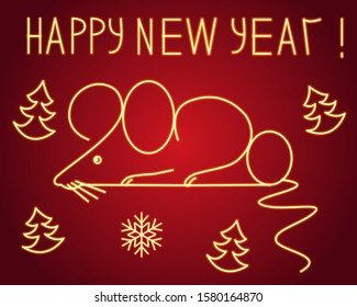 Illustration. Postcard neon effect: glowing mouse (rat) in the form of numbers 2020 - a symbol of the coming year. Shining inscription: "Happy new year!", Christmas trees, snowflake on red background.