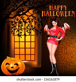 illustration of a postcard on Halloween girl window and pumpkin