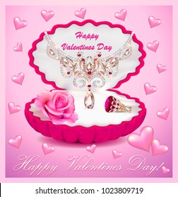 illustration of a postcard on Valentines day with a necklace ring flower and a box