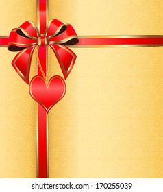 illustration of a postcard on Valentine's day with the heart on a chain ribbon with a bow and ornament