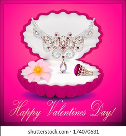 illustration of a postcard on Valentines day with a necklace ring flower and a