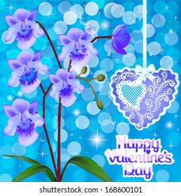 illustration of a postcard with orchids and heart on Valentine's day
