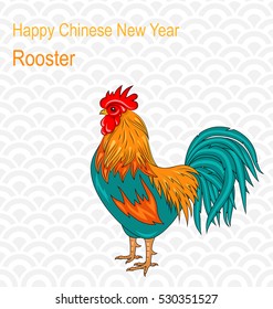 Illustration Postcard with Rooster as Symbol Chinese New Year 2017, Colorful Cartoon Cock, Hand Drawn Style - Vector