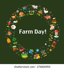 Illustration of postcard template of vector modern flat design farm and agriculture icons and elements