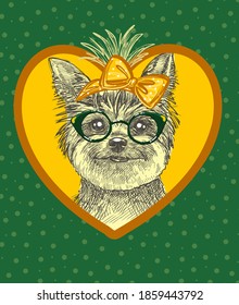 Illustration for postcards. Fashionable cute dog. Yorkshirskiy Terrier in a fashionable green glasses and a kerchief on her head in a retro style.