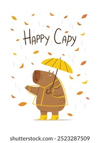 Ilustração para cartões postais e capas de caderno, uma feliz capivara caminha na chuva com capa de chuva e botas de borracha. Ilustração de vetor bonito.