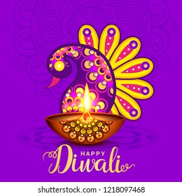 Illustration Poster Or Banner For Happy Diwali Festival Holiday Card Design With Burning Decorated Floral Diya.