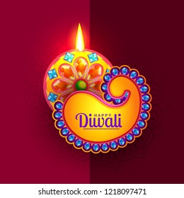 Illustration Poster Or Banner For Happy Diwali Festival Holiday Card Design With Burning Decorated Floral Diya.