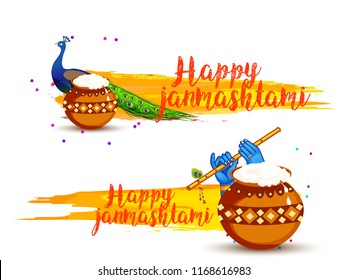 Illustration, poster or banner for indian festival of janmashtami celebration.