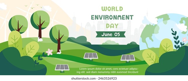 Illustration poster campaign of world environment with nature landscape with ecosystem and green city in flat style and vector design.