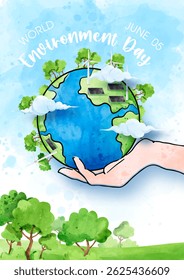 Campanha do cartaz da ilustração do ambiente mundial com a paisagem da natureza, sistema de poder ecologia na mão humana em aquarelas estilo e design vetorial.