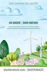 Illustration poster campaign of world environment with nature landscape, ecology power and green city in watercolors style and vector design.