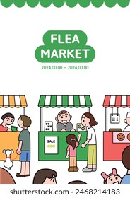 Illustration poster design for flea market. People are having fun at the market. Cartoon style vector drawing template.