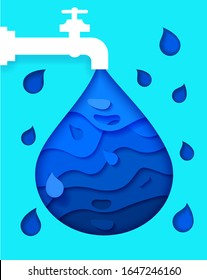 Illustration for the poster, do not waste water. Paper style, a faucet from which water flows.