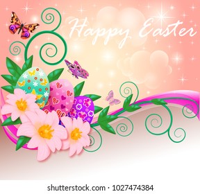 illustration poster greeting card for Easter with eggs, butterflies and flowers