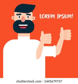 Illustration poster of a guy showing thumb up gesture. The concept of advertising. Place for text. Cartoon character man with a beard. Web site design.