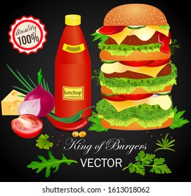 Illustration poster king among burgers with ingredients salad leaves, cucumbers, tomatoes, cutlets and a sesame bun