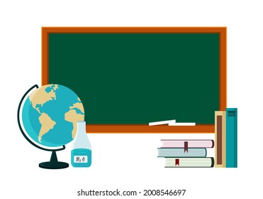 Illustration of a poster on the theme of back to school. Globe, textbooks, pencil on the background of the school