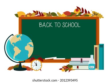 Illustration of a poster on the theme of back to school. Globe, textbooks, pencil on the background of the school