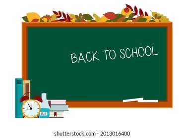 Illustration of a poster on the theme of back to school. Globe, textbooks, pencil on the background of the school