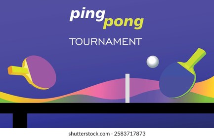 Illustration poster ping pong. Vector banner in neon colors table tennis. Rackets and ball