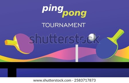 Illustration poster ping pong. Vector banner in neon colors table tennis. Rackets and ball