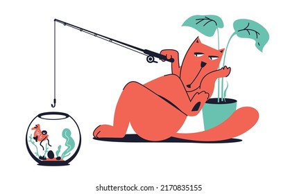 Illustration for a poster or postcard with a cat fishing in an aquarium. A red-haired cat fishes a disgruntled fish in a round aquarium, leaning on a houseplant. Funny illustration in cartoon style.