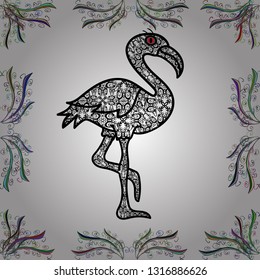 Illustration for poster or print. Vector illustration. Seamless pattern with Flamingo bird. Illustration in white, black and green colors. Suitable for fabric, paper, packaging.