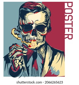 Illustration of a poster, skull with holding a match stick, colorful interesting, wearing a coat with burning match stick. 