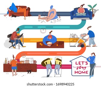 illustration poster stay at home. scheme of life. Home insulation. Be at home, entertainment, how to spend time in the epidemic.