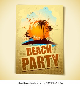 illustration of poster with surfer in sea for beach party