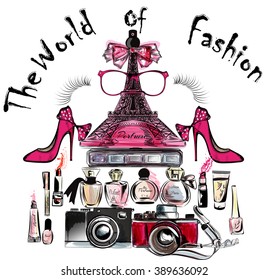 Illustration or poster with vector Eiffel tower shoes lipsticks perfumes and cameras the world of fashion