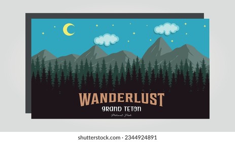 illustration poster of wanderlust in the night with a moon, vector design forest with the mountain