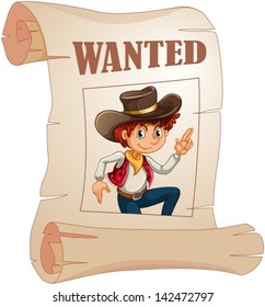 Illustration of a poster of a wanted young cowboy on a white background