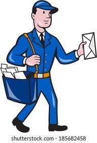 Illustration of a postman mailman delivery worker delivering parcel delivering letter mail set on isolated background done in cartoon style.