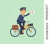 Illustration of a postman riding bicycle and delivering mail. Cheerful carrier with letter. Mail delivery service. Simple style vector illustration